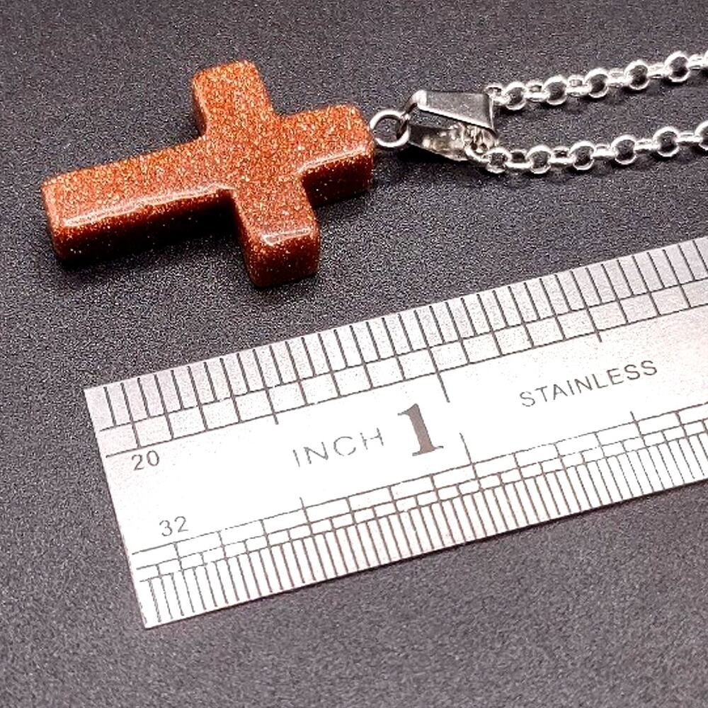 925 Silver Necklace W/ Brown Goldstone Cross Vtg Boho Anniversary Birthday Gift